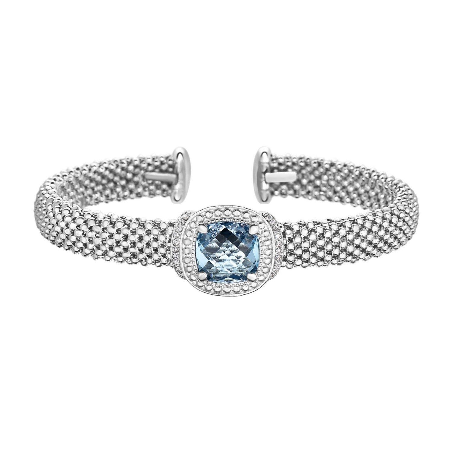 Popcorn Texture Cuff Bangle with Blue Topaz and Diamonds in Sterling Silver
