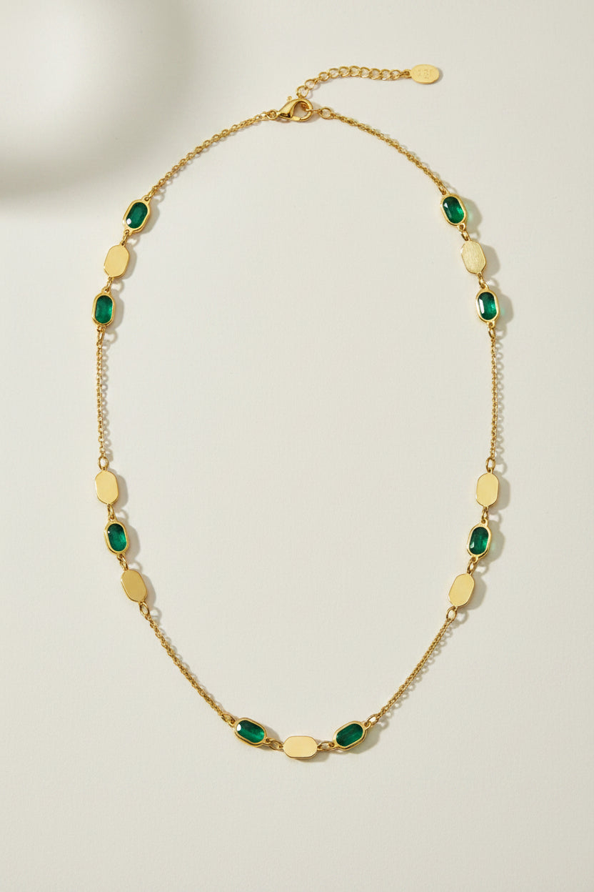 14K Yellow Gold Hexagon Malachite Inlay Links Necklace